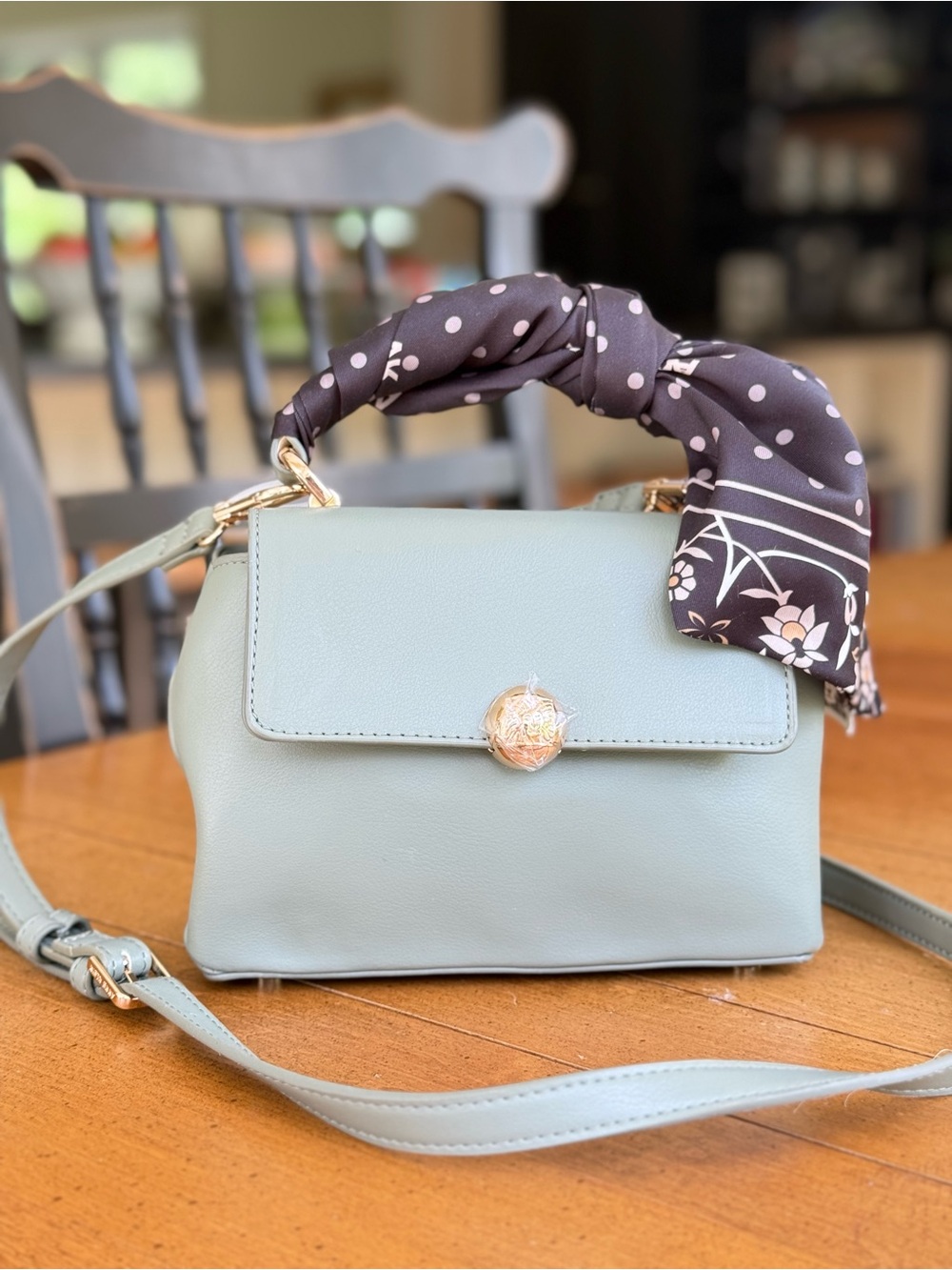 Anne Klein Mint Green Crossbody with Patterned Scarf and Gold Medallion
